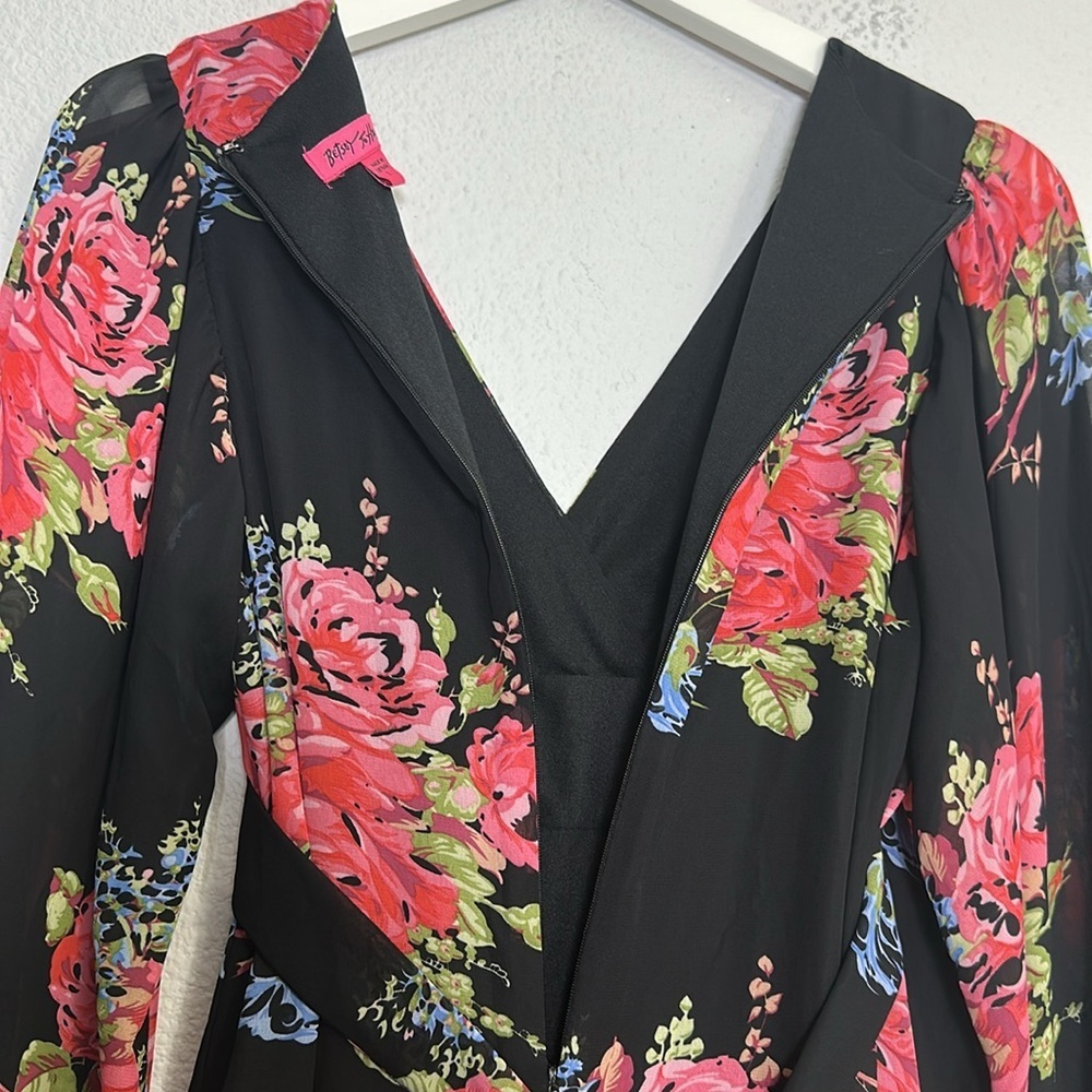 Betsey Johnson Bambi Black Floral Bell Sleeve Ruffle Mini Dress‎ Size 2 Festival - Picture 6 of 12